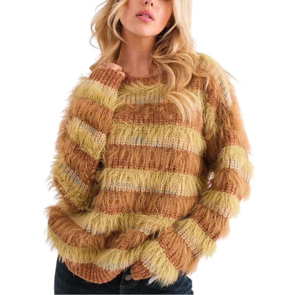 Fuzzy Striped Sweater Soft Textured Knit Brown Mustard Cozy Pullover S/M or M/L